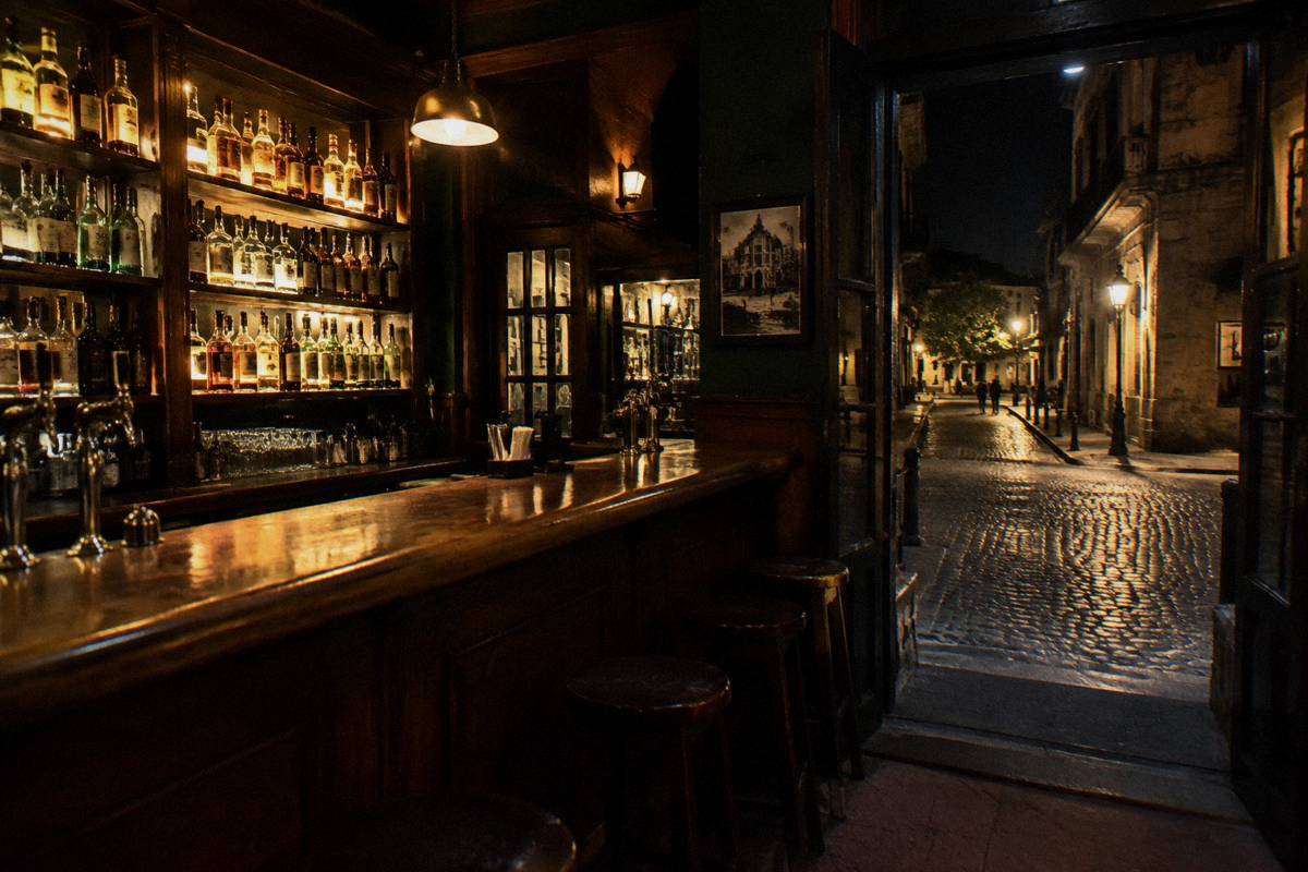 A corner bar in Ciudad Vieja glowing at night