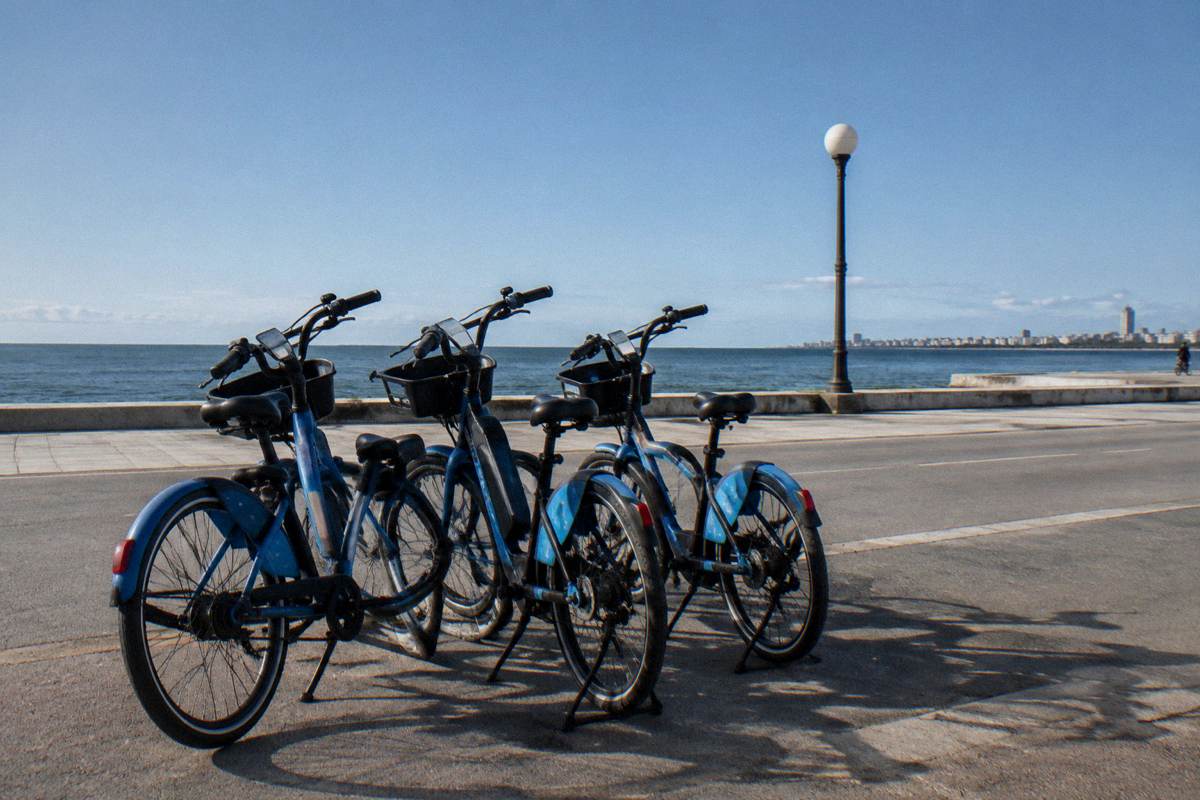 Electric bikes parked on the Rambla bike path