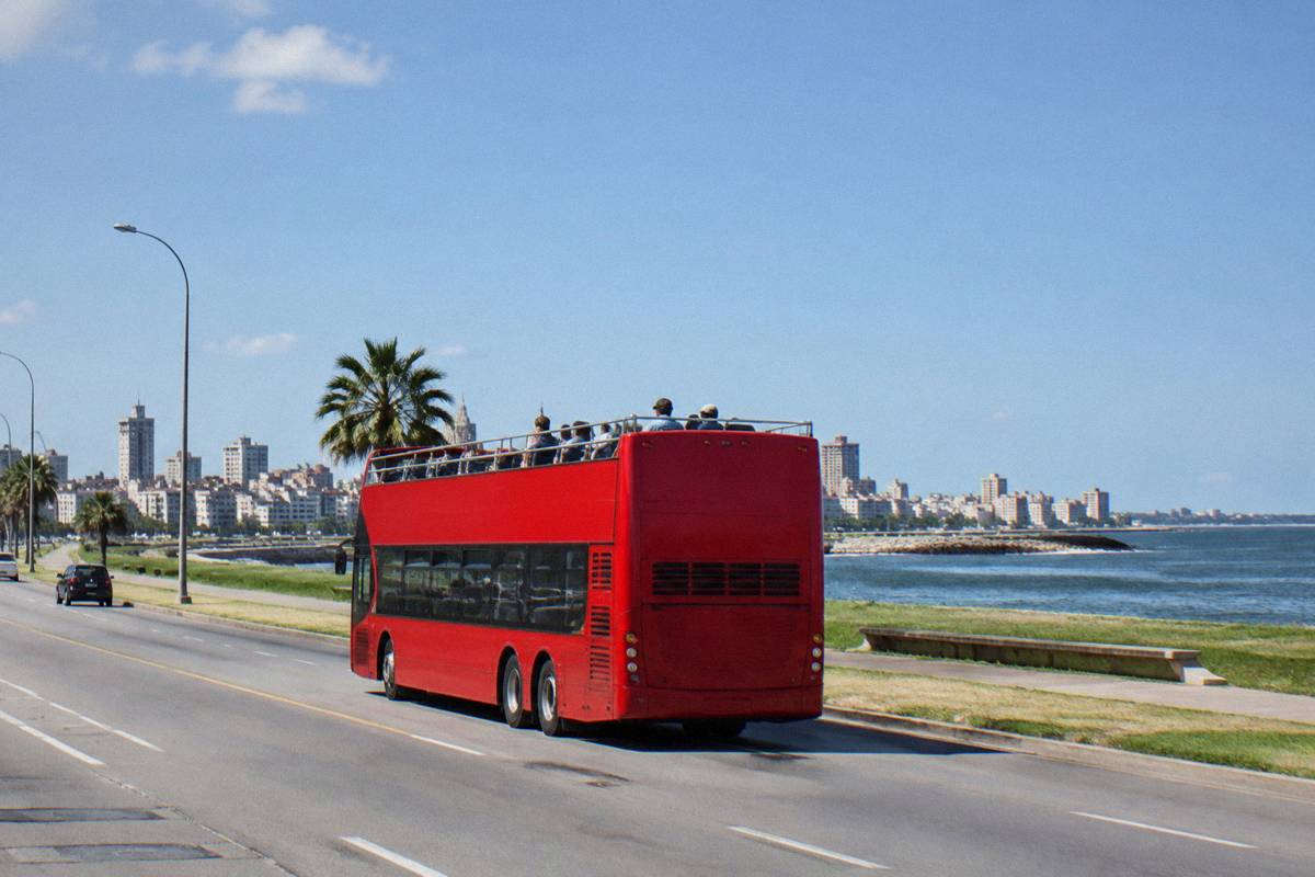 An open-top sightseeing bus on the Rambla in Montevideo