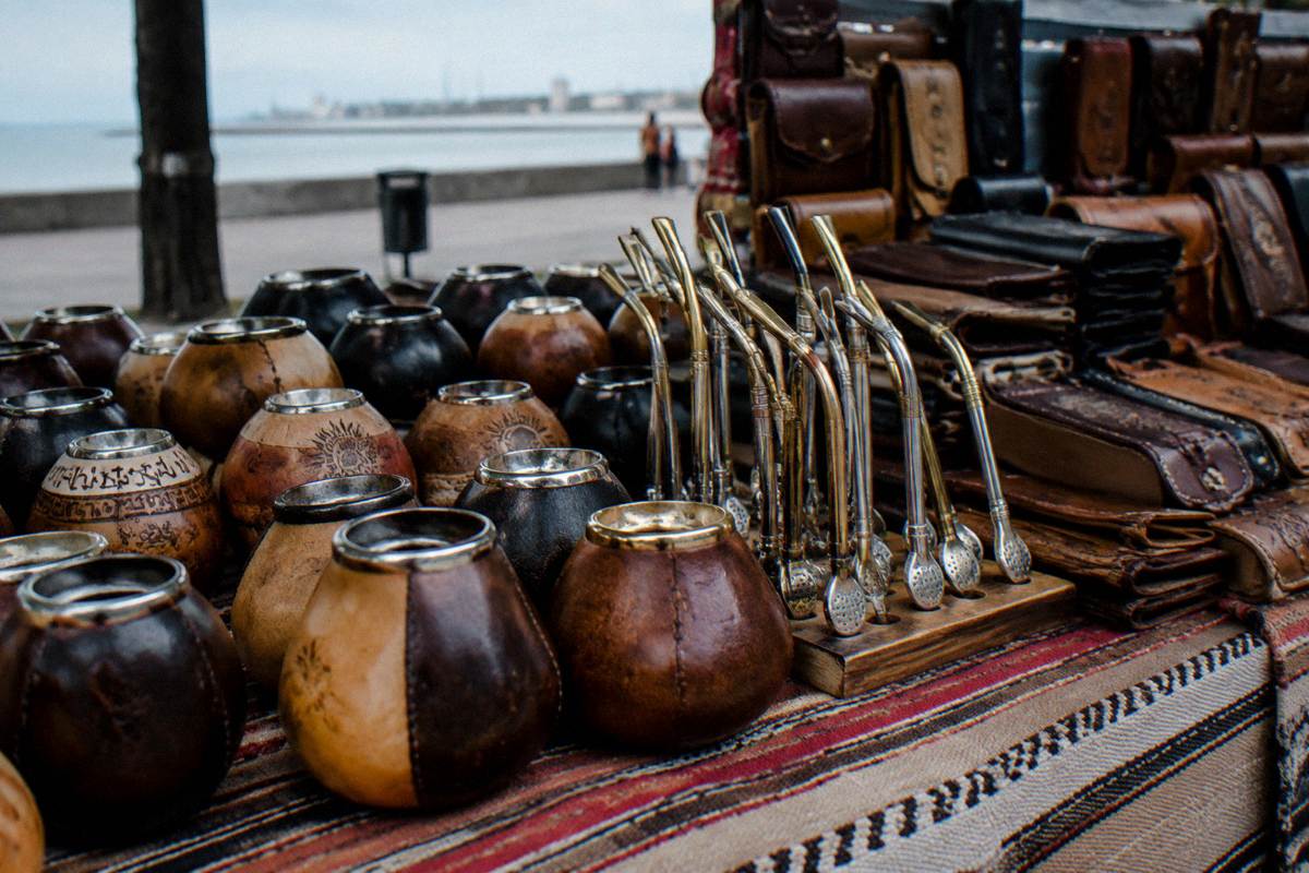 Mate gourds and leather goods at a Montevideo market stall