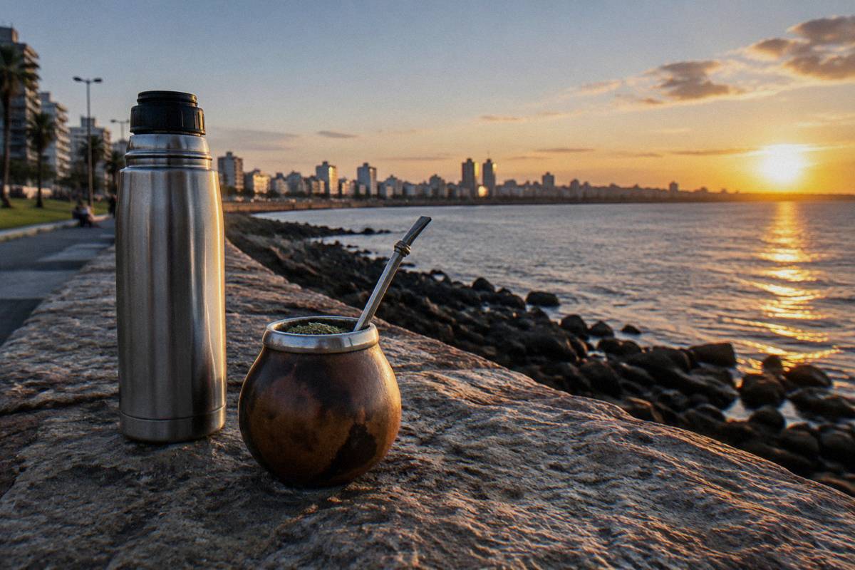 A mate gourd and thermos on the Rambla wall in Montevideo