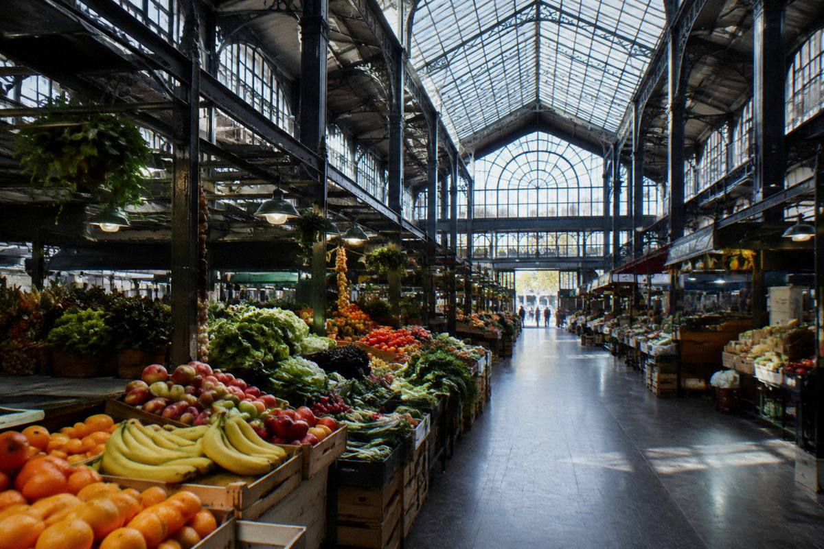Inside the iron and glass hall of the Mercado Agrícola de Montevideo